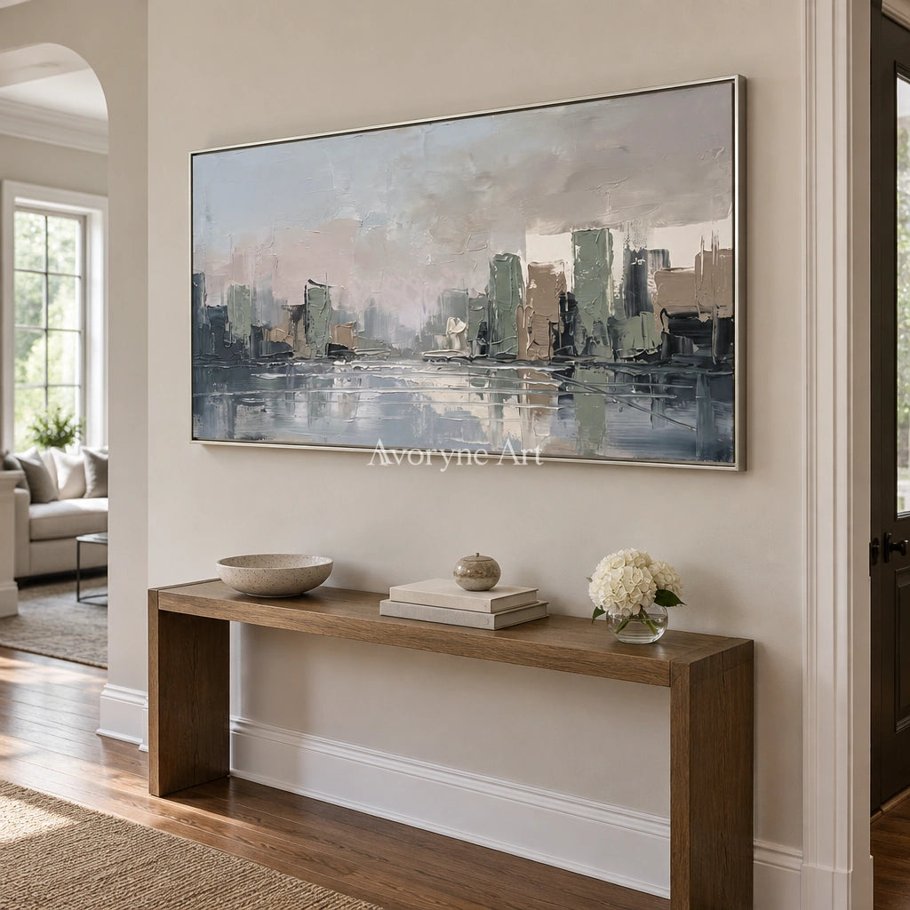 Bright Current cityscape wall art with a silver frame in an entryway