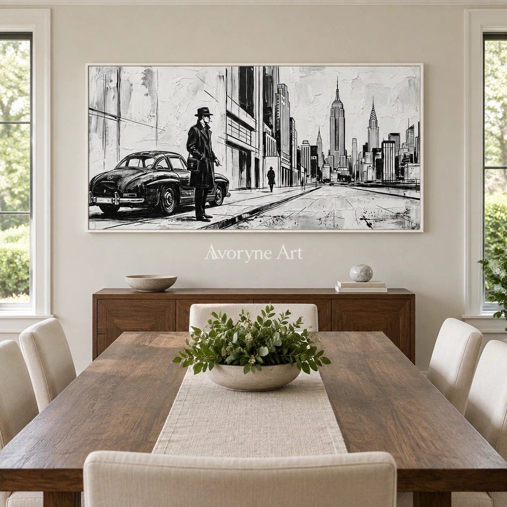 Silver Reverie cityscape wall art with a white frame in a dining room