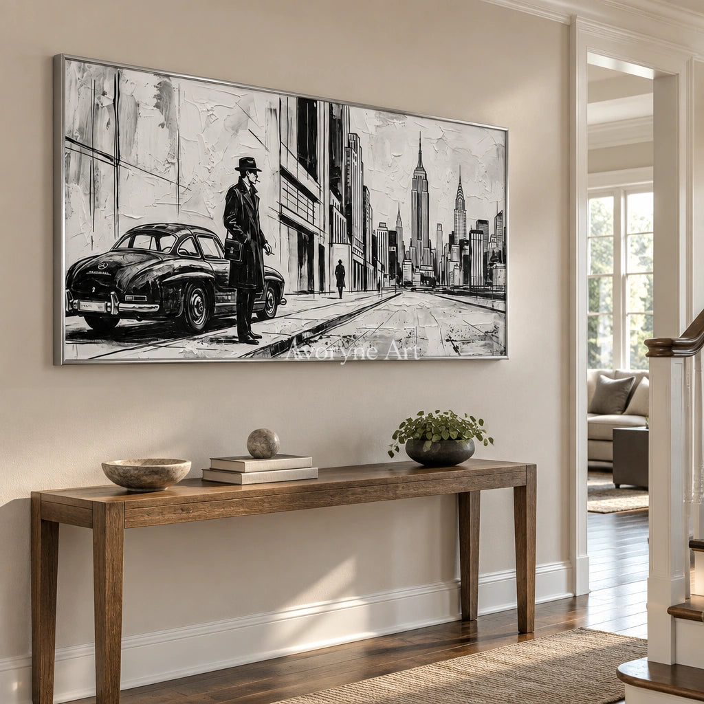 Silver Reverie cityscape wall art with a silver frame in an entryway
