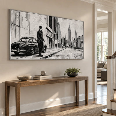 Silver Reverie cityscape wall art with a silver frame in an entryway