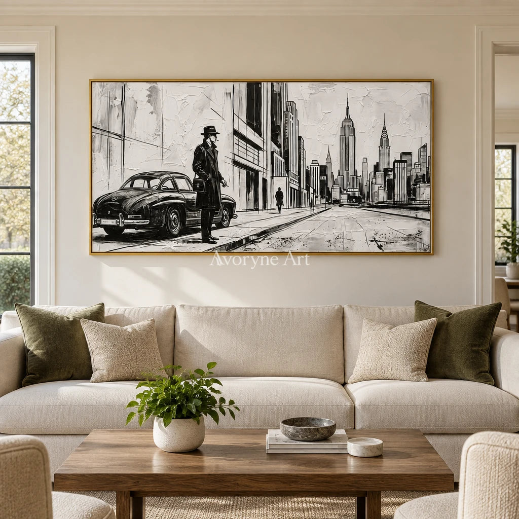 Silver Reverie cityscape wall art with a gold frame hanging in a living room