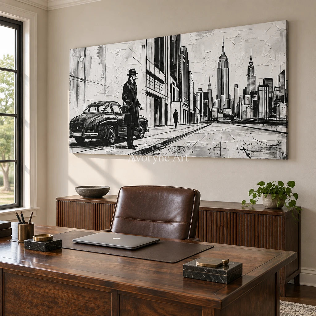 Silver Reverie cityscape wall art as a frameless stretched canvas in a home office