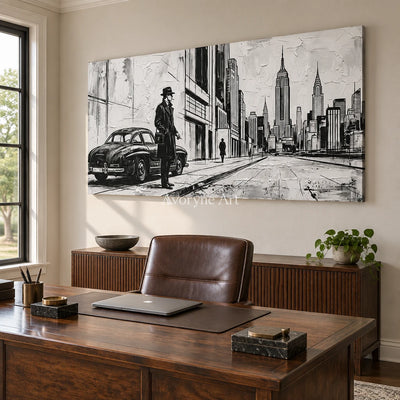 Silver Reverie cityscape wall art as a frameless stretched canvas in a home office