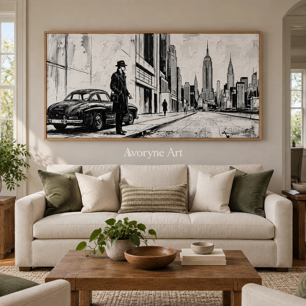 Silver Reverie cityscape wall art with a wood frame in a villa living space