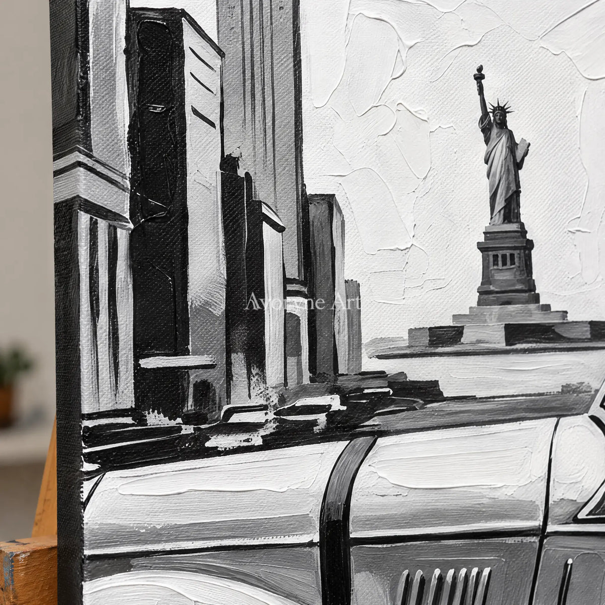 Close-up of the hand-painted texture of Silver Interval cityscape wall art on an easel
