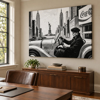 Silver Interval cityscape wall art as a frameless stretched canvas in a home office