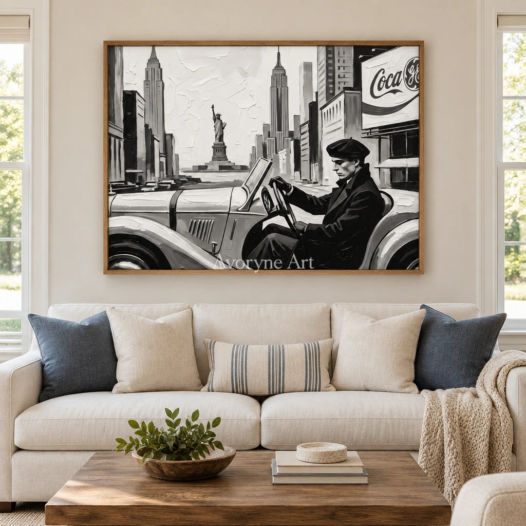 Silver Interval cityscape wall art with a wood frame in a villa living space