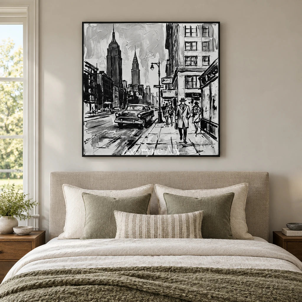 Silver Echo cityscape wall art with a black frame above a bed in a bedroom