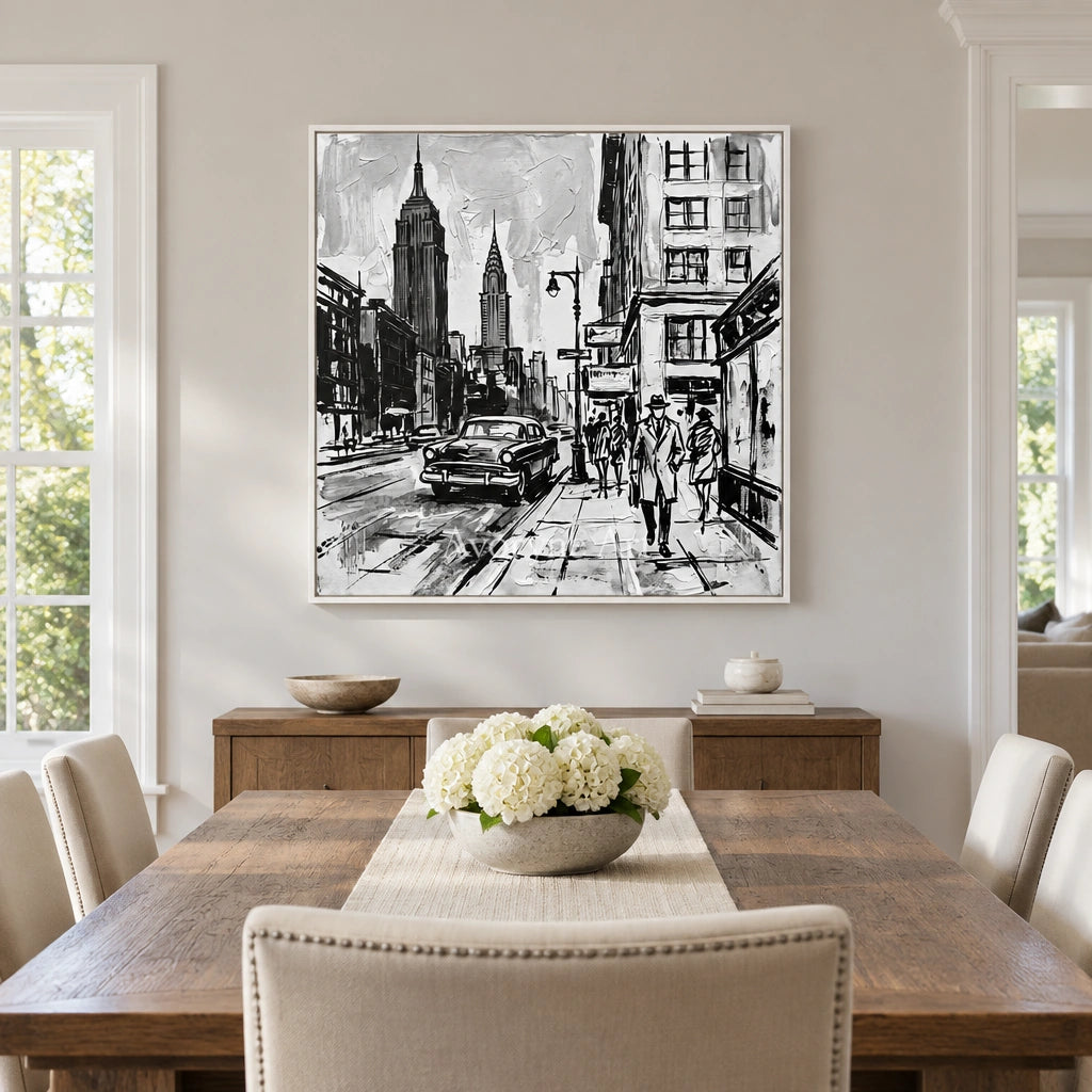 Silver Echo cityscape wall art with a white frame in a dining room
