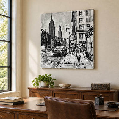 Silver Echo cityscape wall art as a frameless stretched canvas in a home office