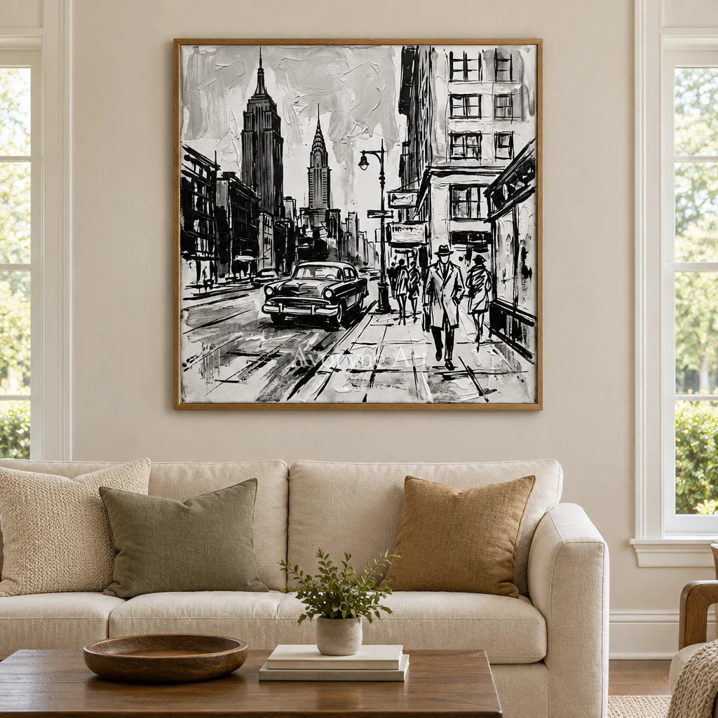 Silver Echo cityscape wall art with a wood frame in a villa living space