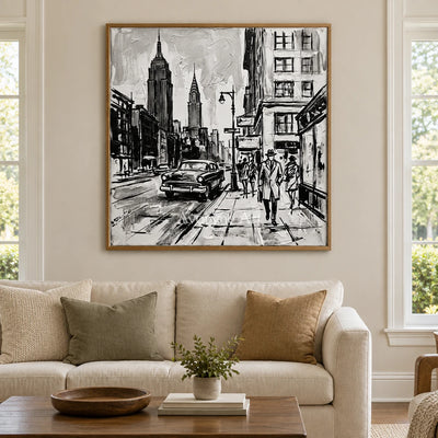 Silver Echo cityscape wall art with a wood frame in a villa living space