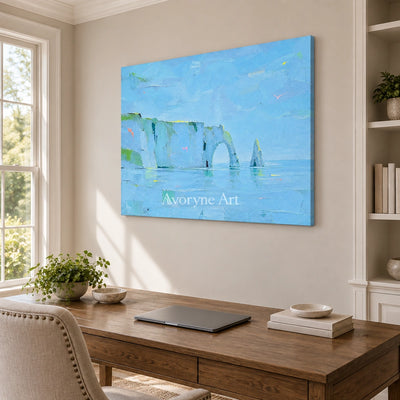 Tender Drift coastal landscape wall art as a frameless stretched canvas in a home office