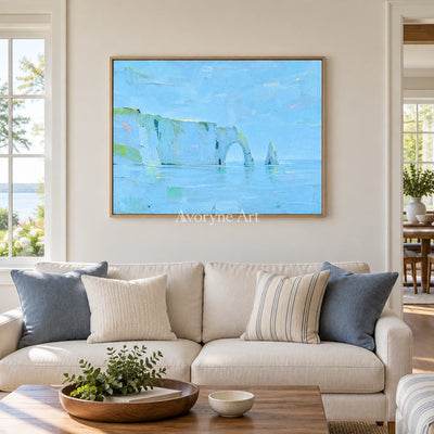 Tender Drift coastal landscape wall art with a wood frame in a villa living space