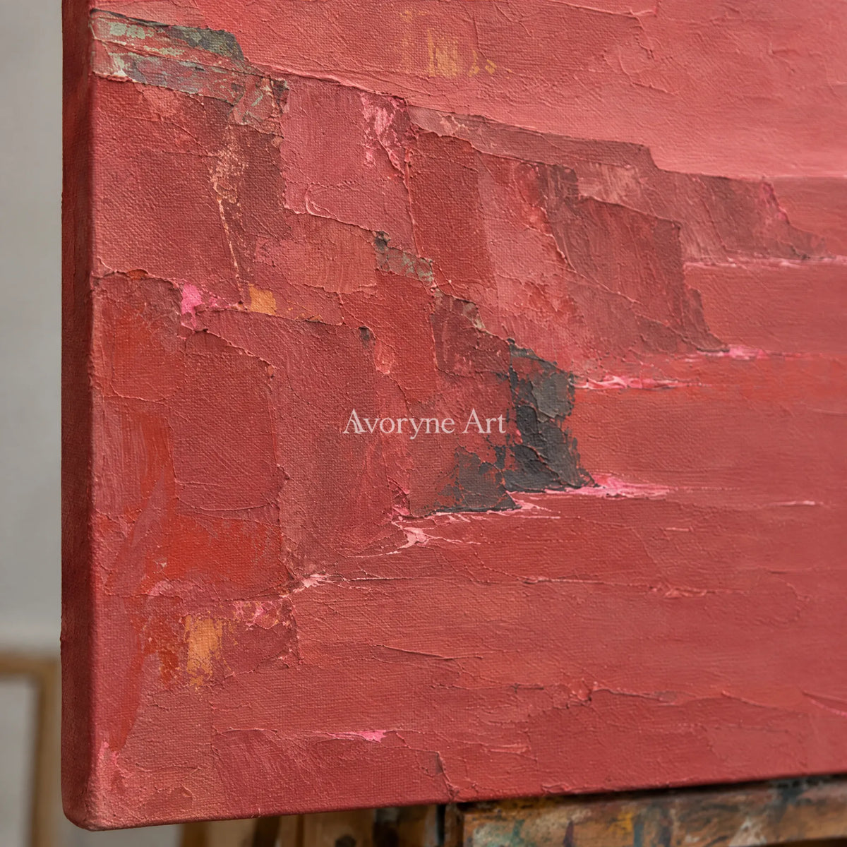 Close-up of the hand-painted texture of Tender Memory coastal landscape wall art on an easel