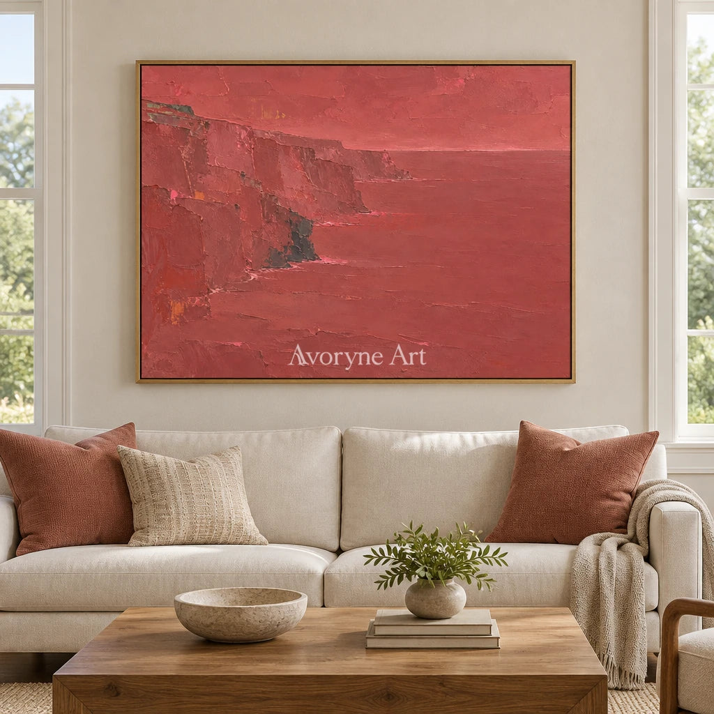 Tender Memory coastal landscape wall art with a gold frame hanging in a living room