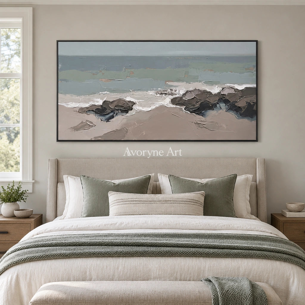 Restful Echo coastal landscape wall art with a black frame above a bed in a bedroom