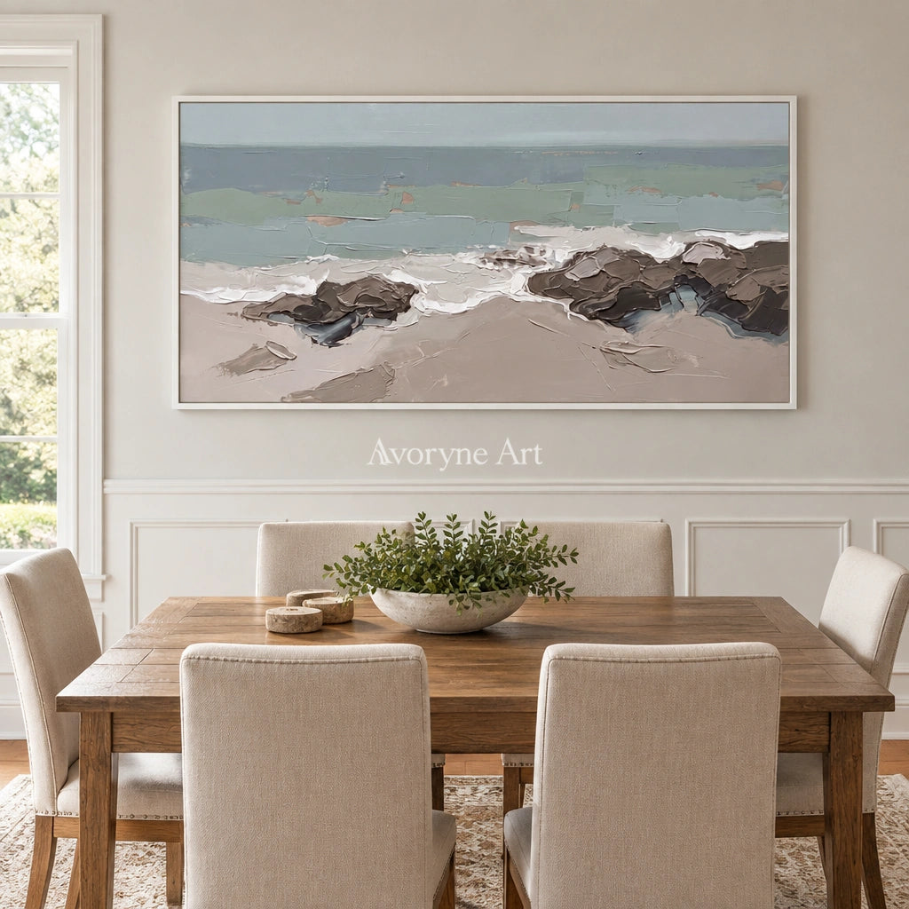 Restful Echo coastal landscape wall art with a white frame in a dining room