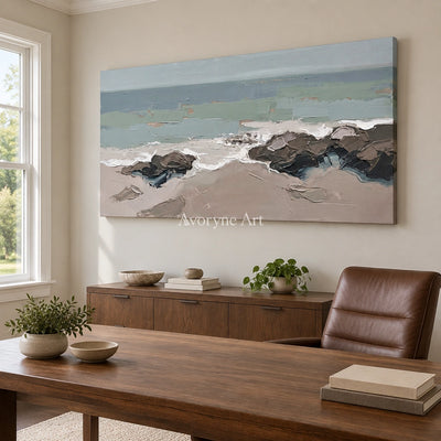 Restful Echo coastal landscape wall art as a frameless stretched canvas in a home office