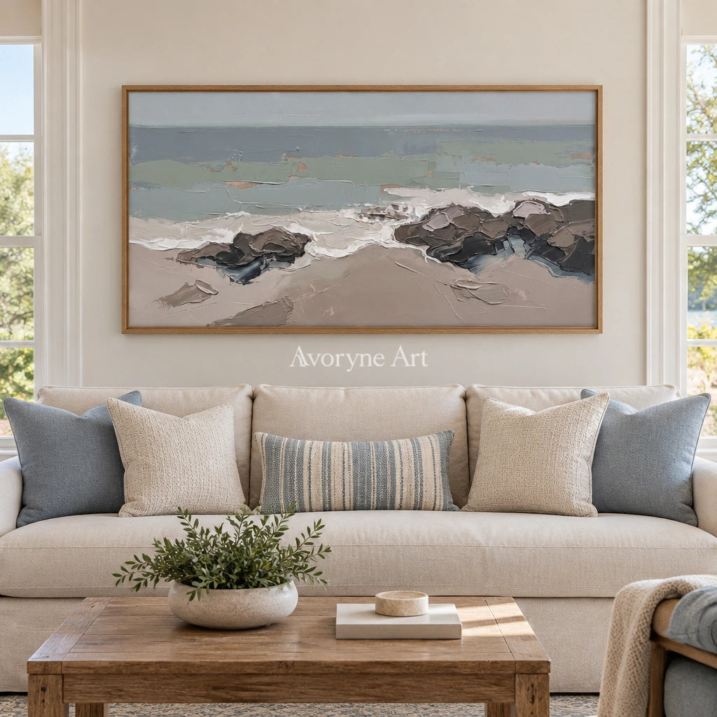 Restful Echo coastal landscape wall art with a wood frame in a villa living space