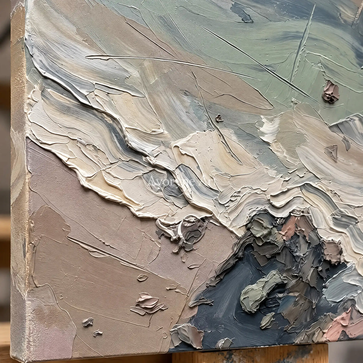 Close-up of the hand-painted texture of Restful Rhythm coastal landscape wall art on an easel