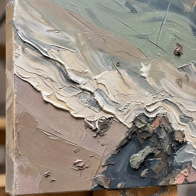 Close-up of the hand-painted texture of Restful Rhythm coastal landscape wall art on an easel
