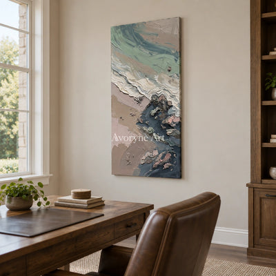Restful Rhythm coastal landscape wall art as a frameless stretched canvas in a home office