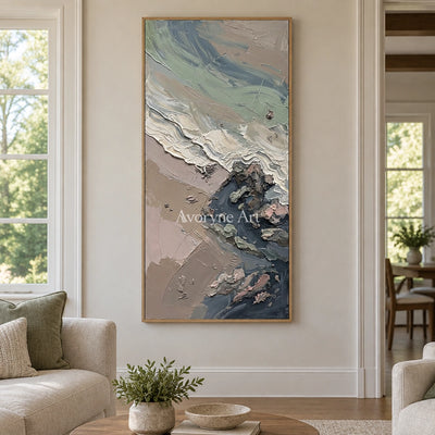 Restful Rhythm coastal landscape wall art with a wood frame in a villa living space