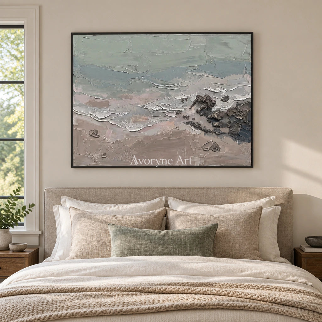 Restful Horizon coastal landscape wall art with a black frame above a bed in a bedroom