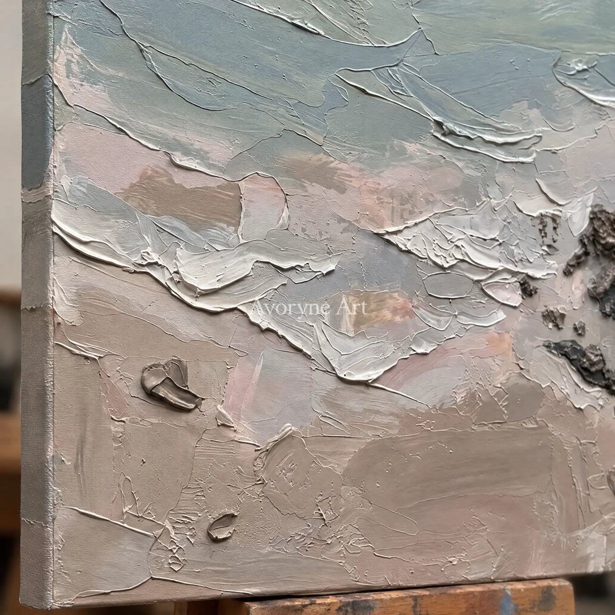 Close-up of the hand-painted texture of Restful Horizon coastal landscape wall art on an easel