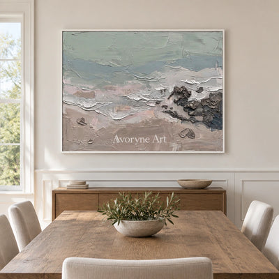 Restful Horizon coastal landscape wall art with a white frame in a dining room