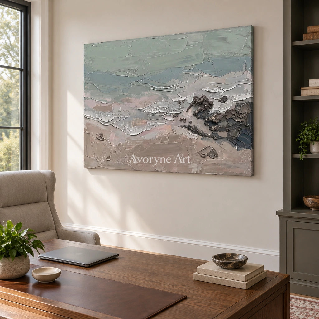 Restful Horizon coastal landscape wall art as a frameless stretched canvas in a home office