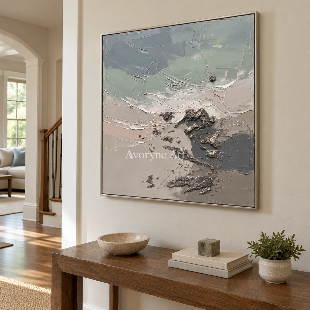 Restful Gesture coastal landscape wall art with a silver frame in an entryway