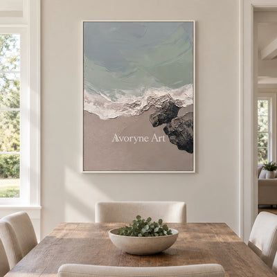 Restful Verse coastal landscape wall art with a white frame in a dining room