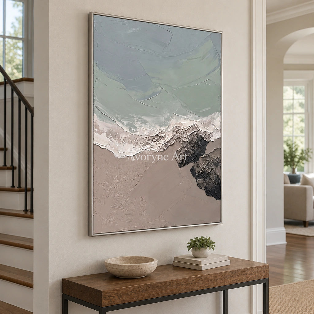 Restful Verse coastal landscape wall art with a silver frame in an entryway