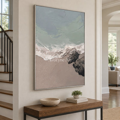 Restful Verse coastal landscape wall art with a silver frame in an entryway