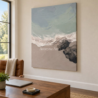 Restful Verse coastal landscape wall art as a frameless stretched canvas in a home office