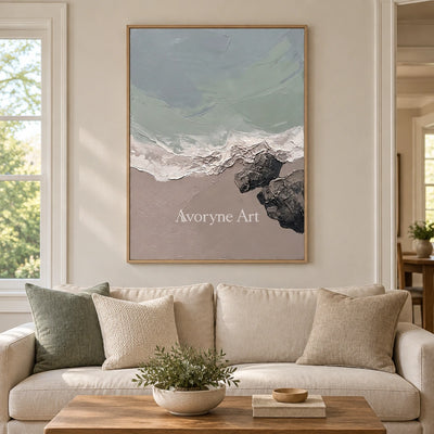 Restful Verse coastal landscape wall art with a wood frame in a villa living space