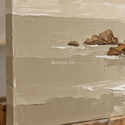 Close-up of the hand-painted texture of Restful Interval coastal landscape diptych on an easel