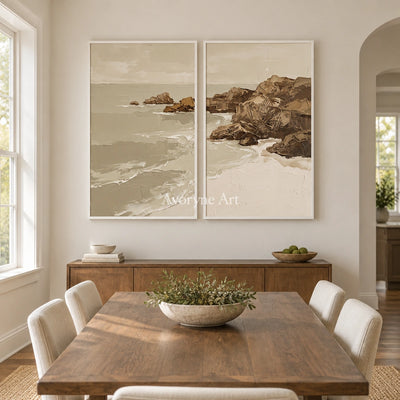 Restful Interval coastal landscape diptych with a white frame in a dining room