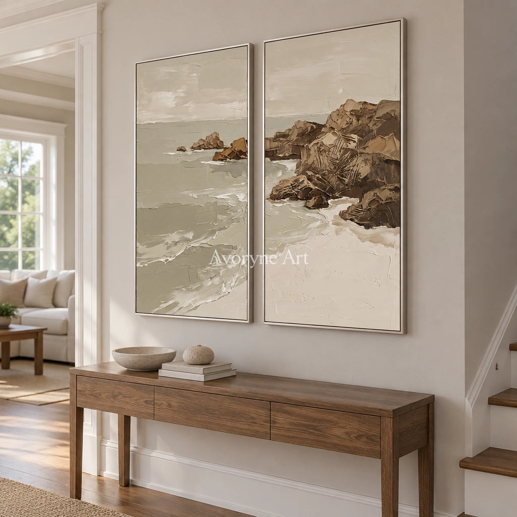 Restful Interval coastal landscape diptych with a silver frame in an entryway
