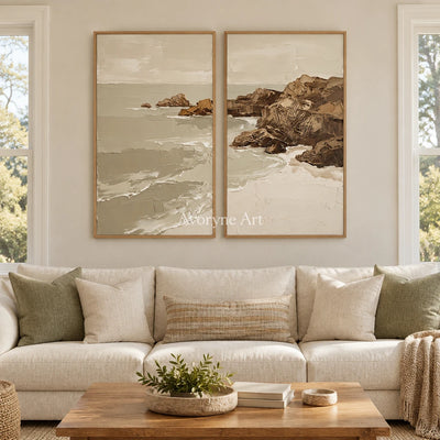 Restful Interval coastal landscape diptych with a wood frame in a villa living space