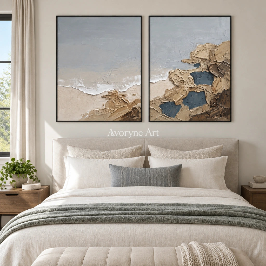 Restful Drift coastal landscape diptych with a black frame above a bed in a bedroom