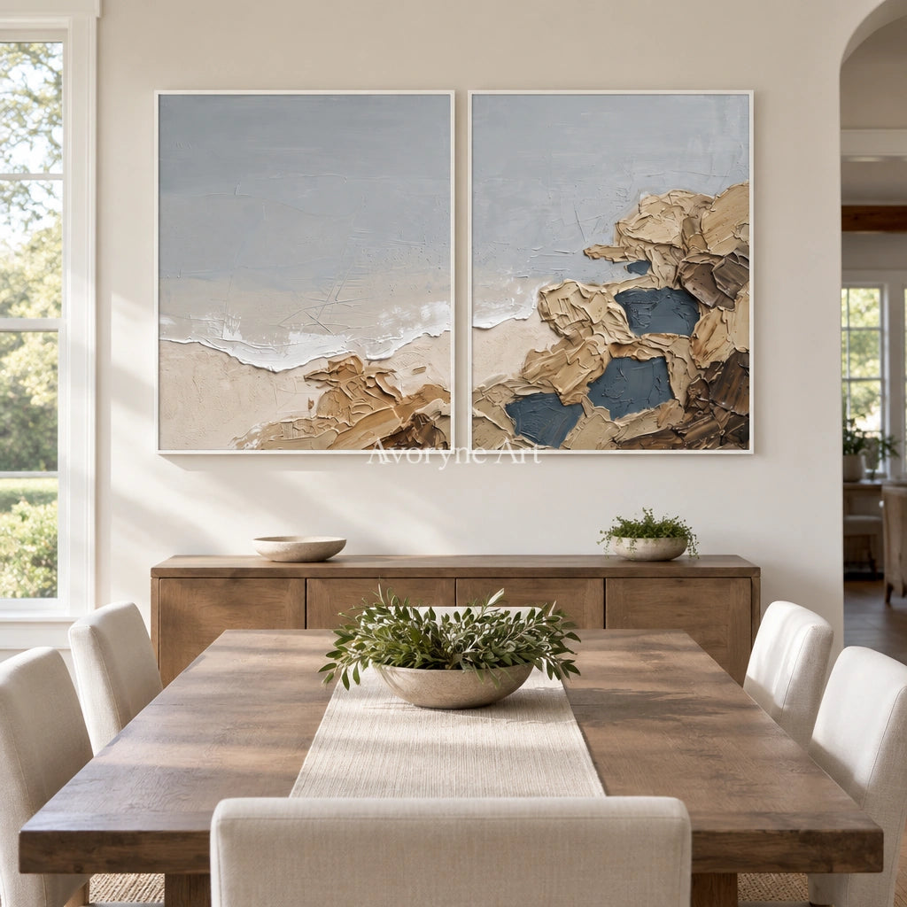 Restful Drift coastal landscape diptych with a white frame in a dining room