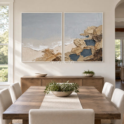 Restful Drift coastal landscape diptych with a white frame in a dining room