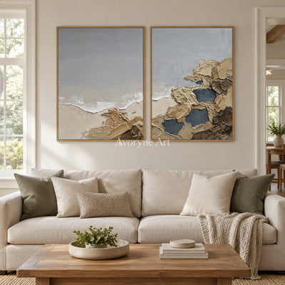 Restful Drift coastal landscape diptych with a wood frame in a villa living space