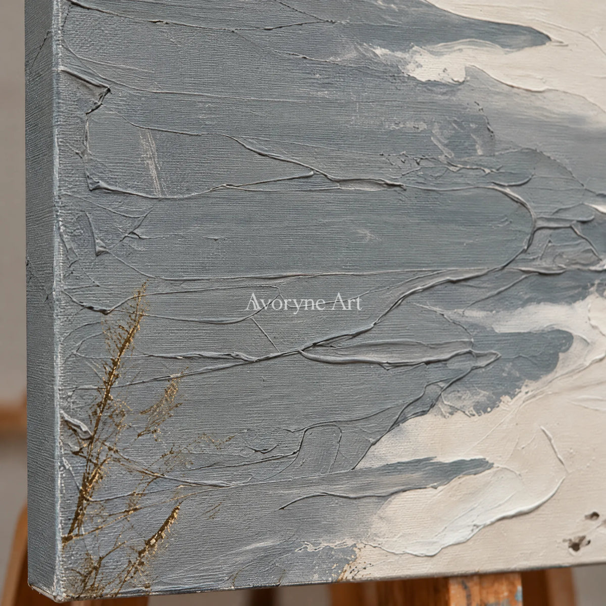 Close-up of the hand-painted texture of Restful Reverie coastal landscape triptych on an easel