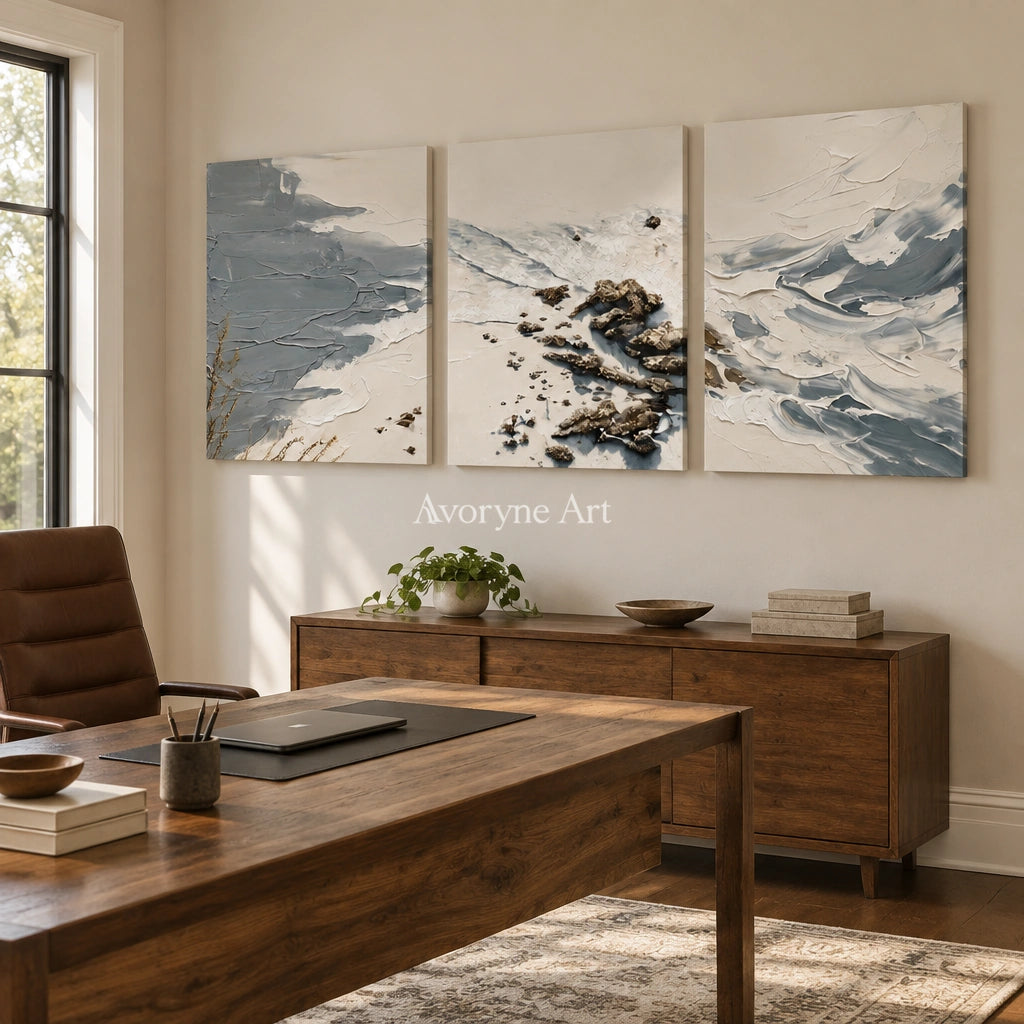 Restful Reverie coastal landscape triptych as a frameless stretched canvas in a home office