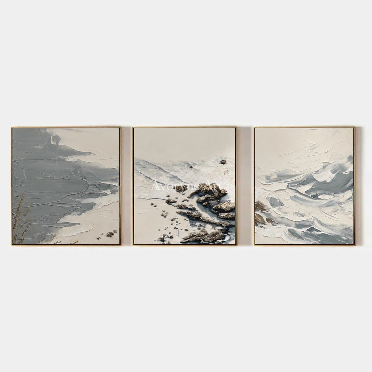 Restful Reverie, hand-painted coastal landscape triptych by Rafael Duarte