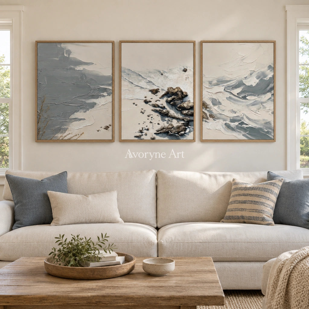 Restful Reverie coastal landscape triptych with a wood frame in a villa living space